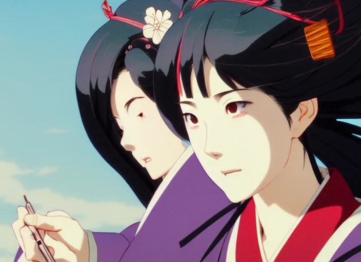 Image similar to a film still portrait of a confident woman wearing a kimono, finely detailed features, closeup at the faces, perfect art, at an ancient city, gapmoe yandere grimdark, trending on pixiv fanbox, painted by greg rutkowski makoto shinkai takashi takeuchi studio ghibli, akihiko yoshida