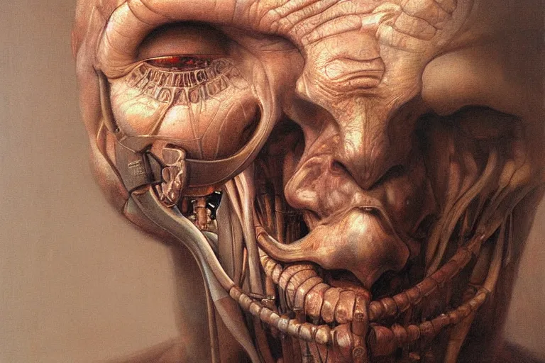 Prompt: beautiful oil clean painting biomechanical portrait of man connected to the machine by wayne barlowe, rembrandt, complex, stunning, realistic skin color