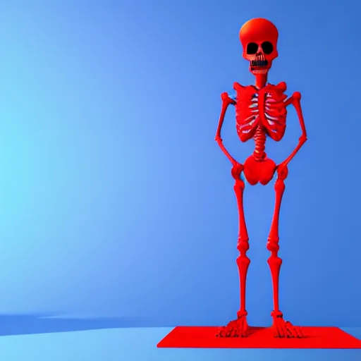 Prompt: a red skeleton in the style of 3d render in vaporwave in a blue background