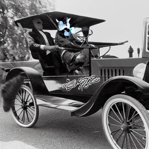 Image similar to a quokka, driving a model t ford, black and white photograph