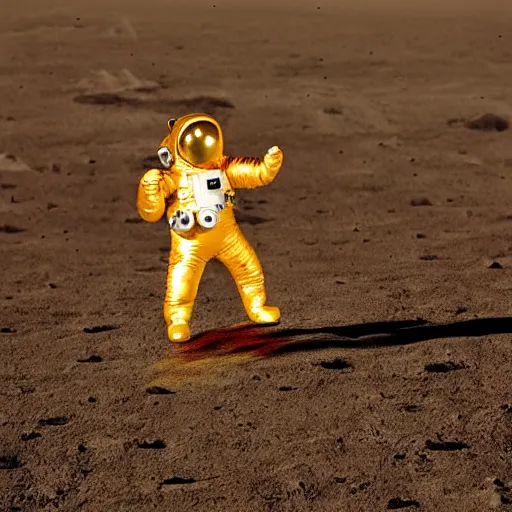 Image similar to a bunny!! astronaut! in a golden spacesuit standing on the moon. zeiss lens, 5 0 mm, dynamic pose, action pose