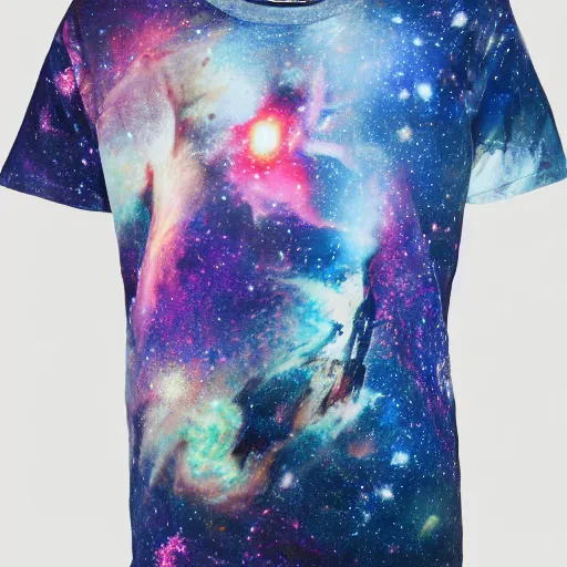 Image similar to photo of a t - shirt with a cool galactic print on the chest in the style of maximalism, product photo