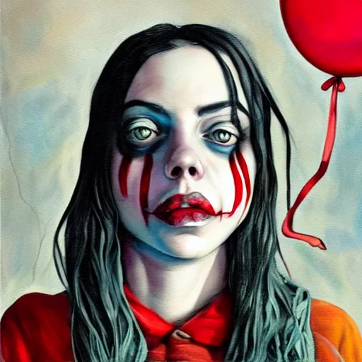 Image similar to grunge painting of billie eilish with her face split down the middle with a wide smile and a red balloon by chris leib, loony toons style, pennywise style, corpse bride style, horror theme, detailed, elegant, intricate