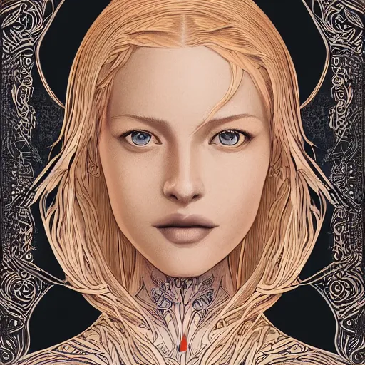 Image similar to the portrait of an incredibly beautiful, graceful, elegant, and sophisticated young blonde woman made of garlic bulbs, an ultrafine detailed illustration by james jean, intricate linework, bright colors, final fantasy, behance contest winner, vanitas, angular, altermodern, unreal engine 5 highly rendered, global illumination, radiant light, detailed and intricate environment