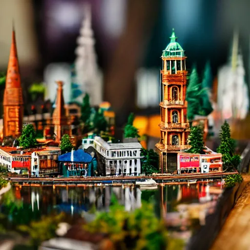 Image similar to a large scale minicity diorama on a table, 3 5 mm, shallow depth of field, diorama, 4 k