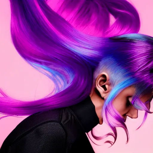 Image similar to a award winning action upper body portrait of a beautiful woman with a ombre purple pink hairstyle with head in motion and hair flying, choker, outrun, vaporware, vivid colors, highly detailed, fine detail, intricate