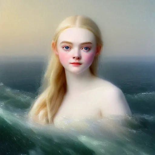 Image similar to Painting of Elle Fanning at sea, long blonde hair, delicate, pale milky white porcelain skin, by Ivan Aivazovsky. 8K. Extremely detailed.