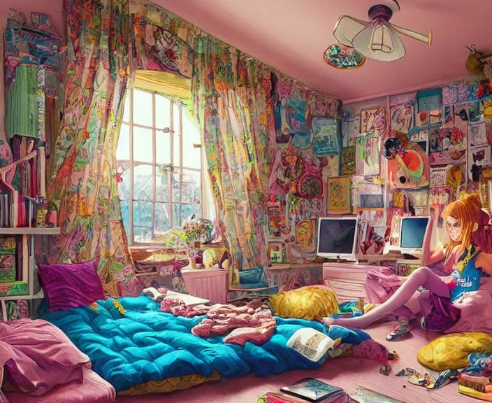 Image similar to highly detailed colorful illustration of a teenager in her room in the 9 0's, very detailed, unreal engine, octane render, 4 k, clean shaped illustration by kim jung gi, ron english and eiichiro oda