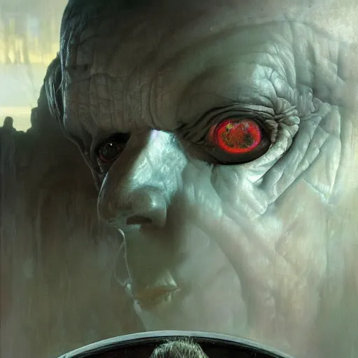 Image similar to hyperrealist portrait of an ancient old alien man with large cruel intelligent eyes and a huge head standing in front of a computer interface by jeremy mann and alphonse mucha and alan lee, fantasy art, photo realistic, dynamic lighting, artstation, poster, volumetric lighting, very detailed faces, award winning, full face, symmetry