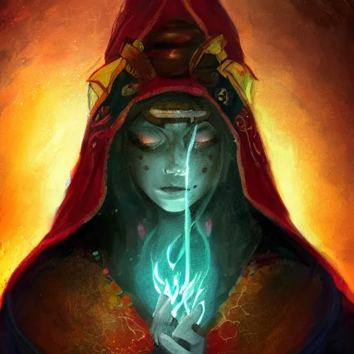 Image similar to ( a priestess with a hood that covers half her face carries an incense burner that emits a pleasantly colored flame. ) by anato finnstark, dream, full body portrait, dynamic lighting, beautiful, trending on artstation, wallpaper, 4 k, award winning, digital art, very detailed faces