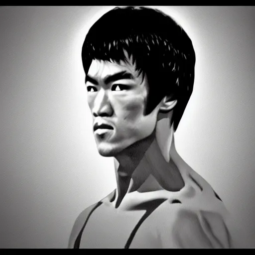 Image similar to portrait of bruce lee, in style of think different poster, highly detailed, symmetry, hyper realistic