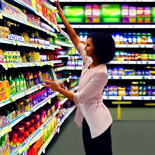 Image similar to a woman in a supermarket trying to reach for something on the top shelf, storybook illustration, monochromatic