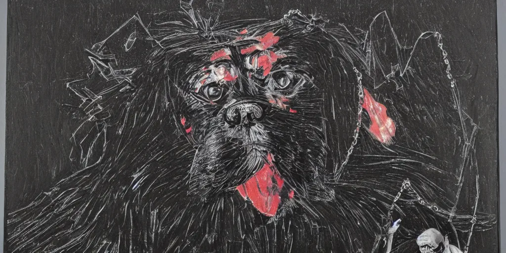 Prompt: mad dog on a chain and gangster around, black paper, collage, acrylic on canvas, expressionism movement, breathtaking detailed, by mike mcquade