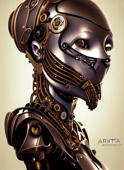 Image similar to portrait of a steampunk robot woman in 1800 by Artgerm, biomechanical, hyper detailled, trending on artstation