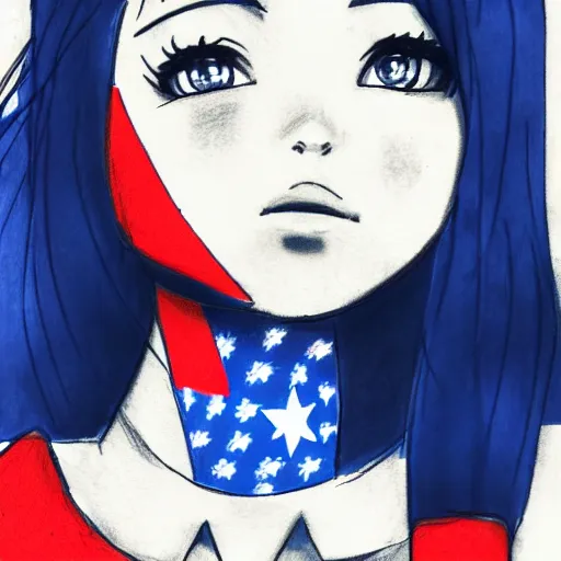 Image similar to a woman in a blue shirt with an american flag on her face, an anime drawing by ei - q, featured on pixiv, superflat, flat colors, anime