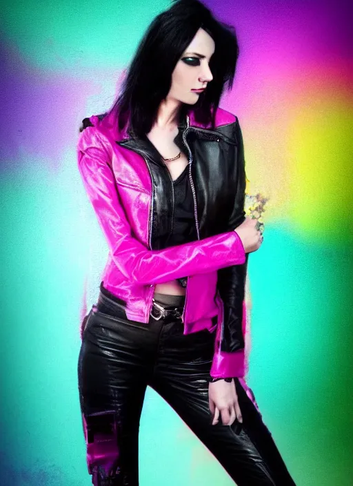 Prompt: a photo of 8 k ultra realistic a black haired female in high heels and a black leather jacket, pink, purple, green, yelow, red, blue neon, art by lise deharme