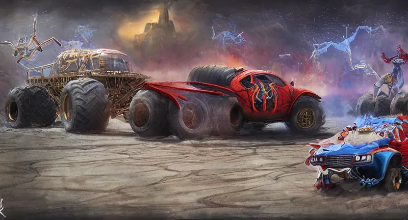 Image similar to a Unicorn monster truck and a Spiderman monster truck in an arena with cheering fans, concept art by Doug Chiang cinematic, realistic painting, high definition, digital art, symmetrical, very detailed, extremely high detail, photo realistic, concept art, unreal engine 5,