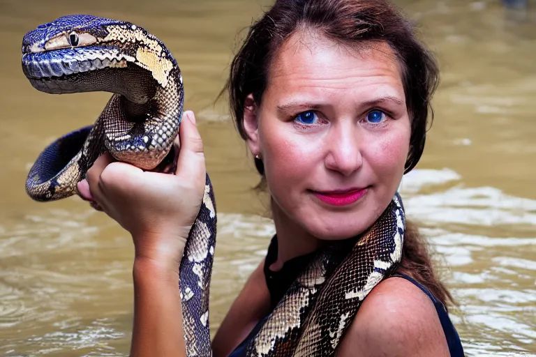 Image similar to closeup portrait of a woman carrying a python over her head in a flood in Rundle Mall in Adelaide in South Australia, photograph, natural light, sharp, detailed face, magazine, press, photo, Steve McCurry, David Lazar, Canon, Nikon, focus