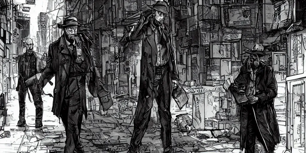 Image similar to a haggard detective in a trenchcoat scanning a crimescene in a dystopian cyberpunk alley, sketchy artstyle, digital art, dramatic, thick lines, rough lines, line art, cinematic, trending on artstation