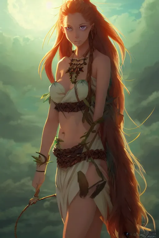 Prompt: long ginger hair, tanned woman in a prehistoric outfit, green eyes, fang necklace, by artgerm, hair tied in a ponytail, white backdrop, soft lighting, night scene, by greg rutkowski makoto shinkai takashi takeuchi