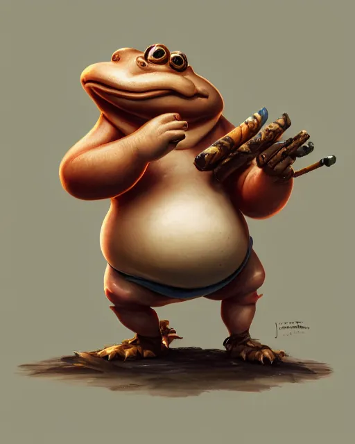 Prompt: a fat short anthropomorphic toad smoking a cigar, battle stand, smooth, intricate, elegant, power aura, digital painting, artstation, concept art, high tech fantasy, sharp focus, illustration, art by james jean and justin gerard,