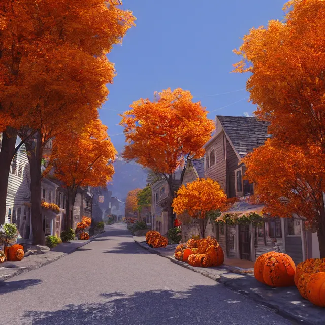 Prompt: small new england stone colonial city street with shops and pumpkins, maple trees with fall foliage, new hampshire mountain, stone street, volumetric, realistic, cinematic lighting, ray tracing, unreal engine 5, octane render, hyper realistic, photo, 8 k