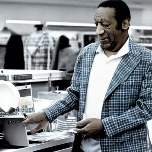 Prompt: bill cosby working at a sears in the 1 9 7 0 s, movie still