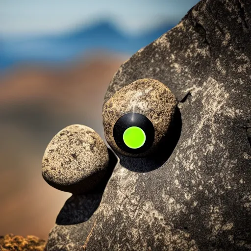 Image similar to Photograph of two rocks with googly eyes at edge of a mountain in a savana