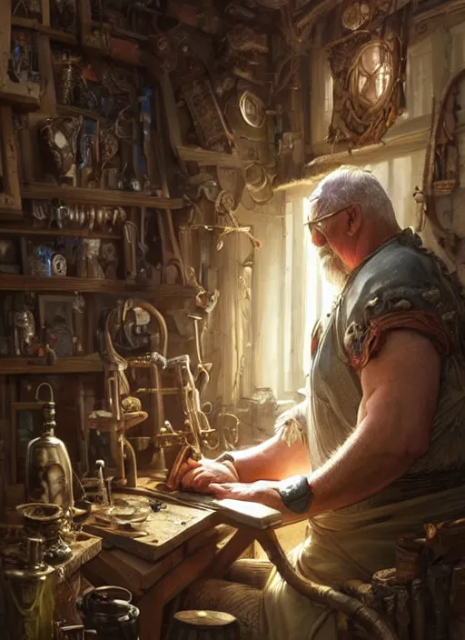 Image similar to an epic fantasy comic book style portrait painting of a an old tinker fat man working on a device in her workshop, d & d, fantasy, intricate, elegant, highly detailed, digital painting, artstation, concept art, matte, sharp focus, illustration, art by artgerm and greg rutkowski and alphonse mucha