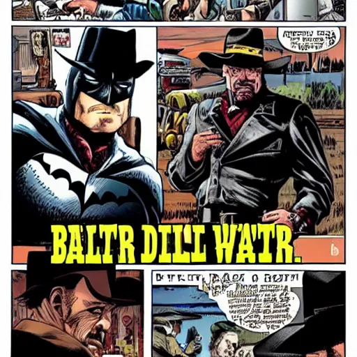 Prompt: a wild west duel between batman and Walter white, black and white