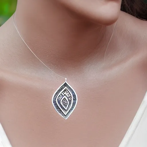 Prompt: amulet of wave inlaid in silver on a young beautiful woman neck, hyper realistic,