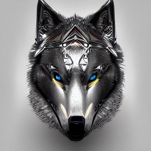 Image similar to chrome wolf, glossy, metallic, neon, symmetrical, tribal patterns, realistic, unreal engine, octane, redshift, artstation, behance