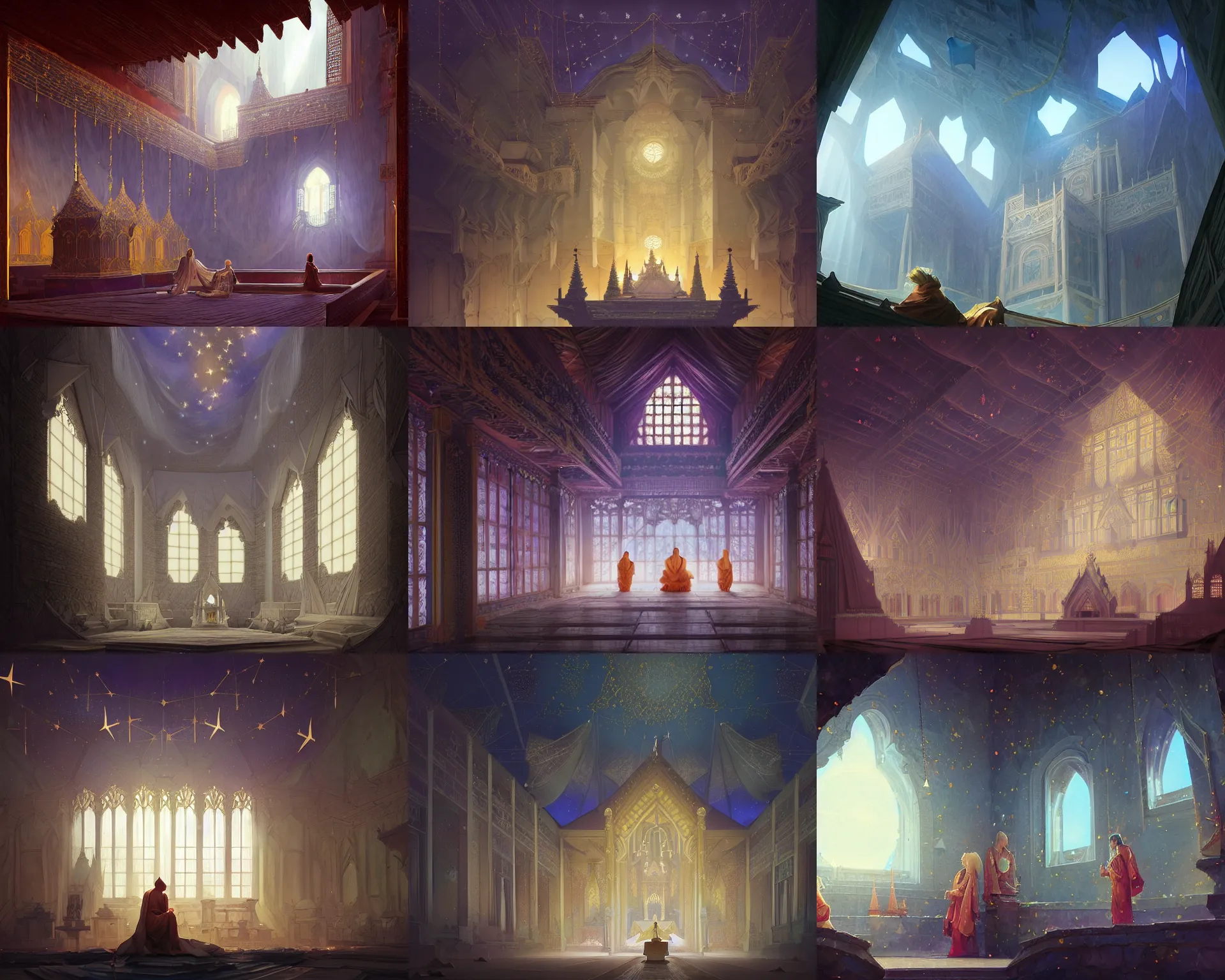 Prompt: polygonal monastery with giant walls and glass ceilings showing the stars and hanging silk drapery and tapestries, light dust, magnificent, close up, details, sharp focus, elegant, highly detailed, illustration, by Jordan Grimmer and greg rutkowski and PiNe(パイネ) and 薯子Imoko and 香川悠作 and wlop and maya takamura, intricate, beautiful, Trending artstation, pixiv, digital Art