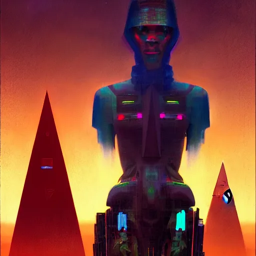 Prompt: a dogon cyberpunk hacker and the pyramid portal by greg rutkowski and android jones in a surreal portrait style, oil on canvas, 8k resolution