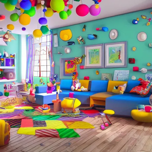 Image similar to beautiful katamari crazy interior of a house, lots of items toys all over the floor and walls, cartoon pixar style, volumetric lighting, bright refined highly detailed background, 3d model pixar render