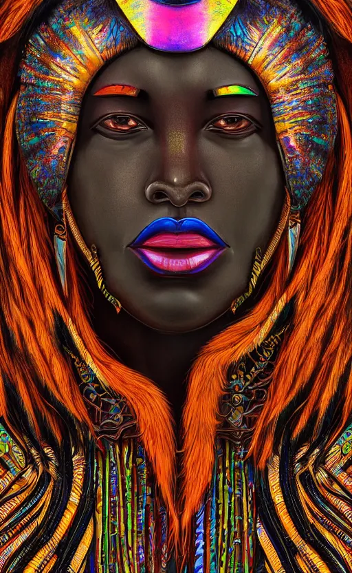 Image similar to upper half portrait digital painting of retro futuristic african tribal chief - embellished with vegetation and iridescent crystals, art by stanley artgem lau, highly detailed, digital painting, concept art, illustration, smooth sharp focus, intricate, symmetry, artstation, colourful,