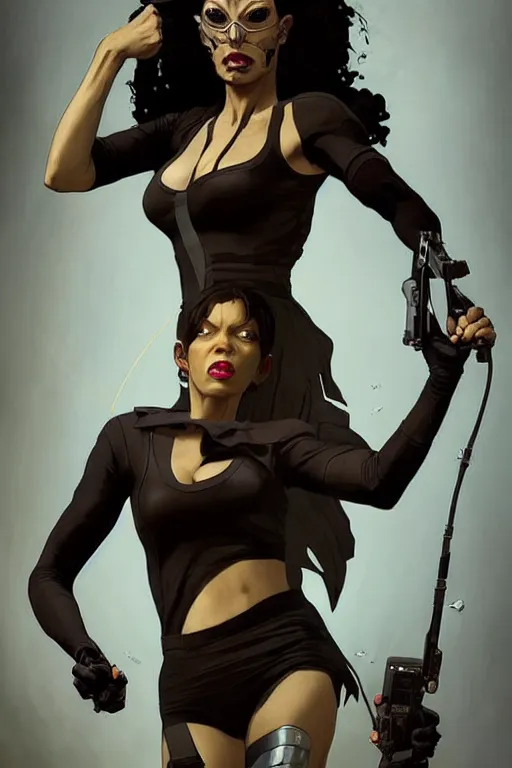 Image similar to gta scary spice as aeon flux profile picture by greg rutkowski, dynamic pose, flat matte painting, intricate, futuristic, fantasy, elegant, by stanley artgerm lau, greg rutkowski, thomas kindkade, alphonse mucha, loish, norman rockwell, fantasy lut, asymmetric, long hair, retro computer graphics, video game, fluid lines,