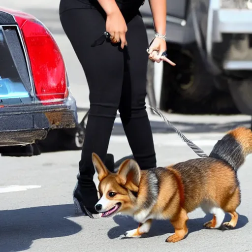 Prompt: Beyoncé with a corgi, hyper realistic, paparazzi shot, 4K, news article photo