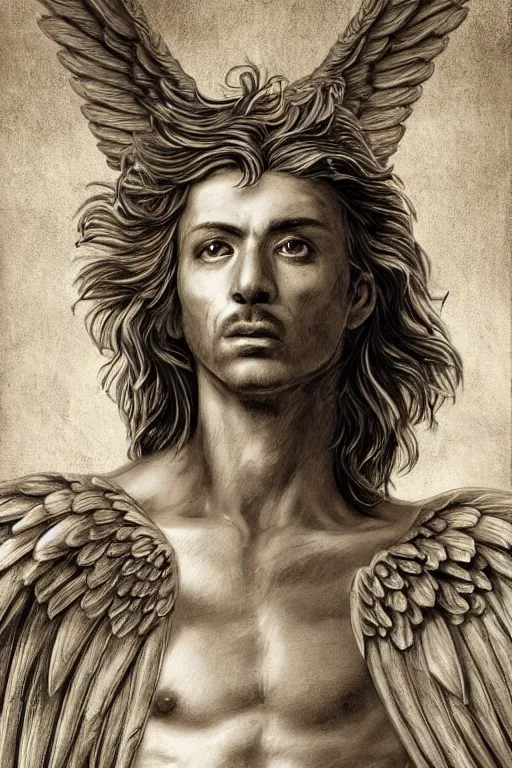 Image similar to God with a Chihuahua's head, a radiant halo and wings, detailed face, gorgeous, flowing hair, very muscular male body, partial anatomy, stormy and grand war scene, delicate and intricate borders for decoration, caesar victorious, proud Emperor, split lighting, character close-up, intricate, highly detailed, 8K, digital painting, fantasy, concept art, sharp focus, art by greg rutkowski beeple and alphonse mucha