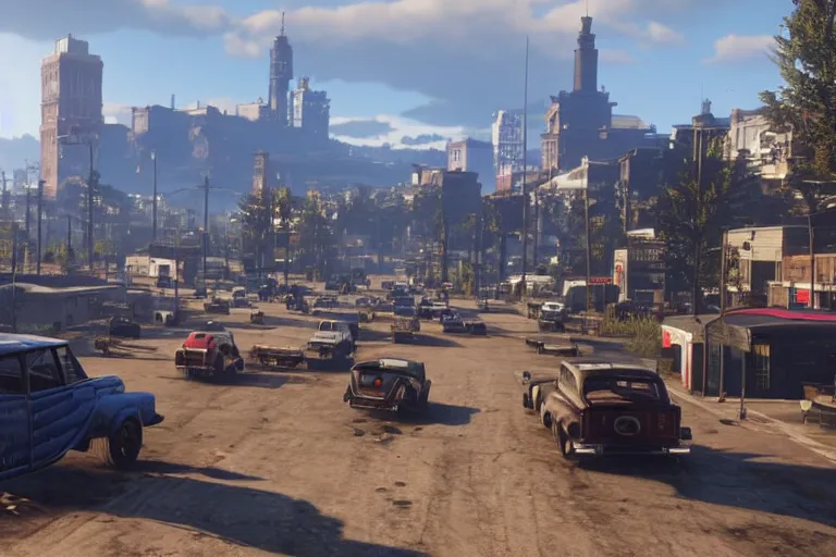 Image similar to A huge modern city in red dead redemption 2, cars instead of horses, no horses, cars, modern