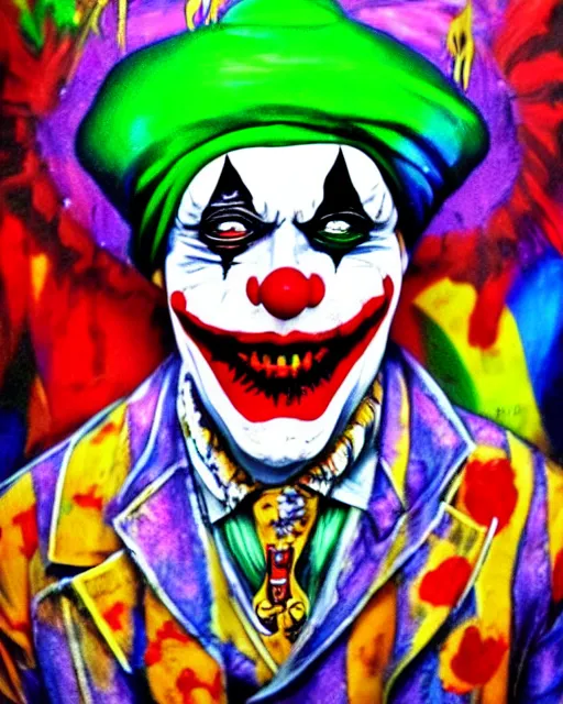 Image similar to joker paint face, clown, turban, barong family, wiwek, mara demon, rich deep vivid colors paint, paint by barong family and wiwek. masterpiece