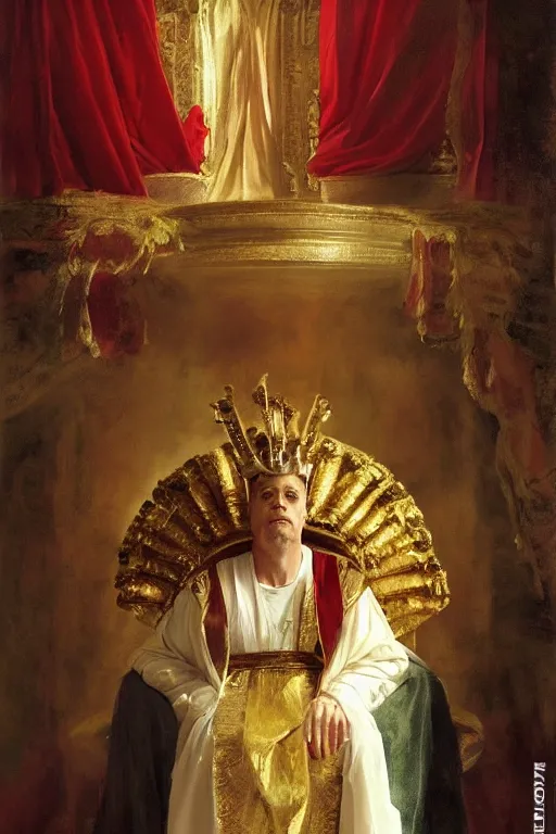 Image similar to beautiful portrait oil painting, steve buscemi wearing a golden wreath crown in royal crimson robes enthroned as the god emperor of ancient rome, mid - shot, by anders zorn, wonderful masterpiece by greg rutkowski, beautiful cinematic light, american romanticism, by thomas lawrence, greg rutkowski