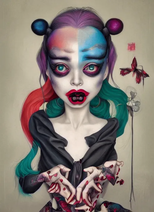 Prompt: pop surrealism, lowbrow art, realistic harley quinn painting, japanese street fashion, hyper realism, muted colours, rococo, natalie shau, loreta lux, tom bagshaw, mark ryden, trevor brown style,
