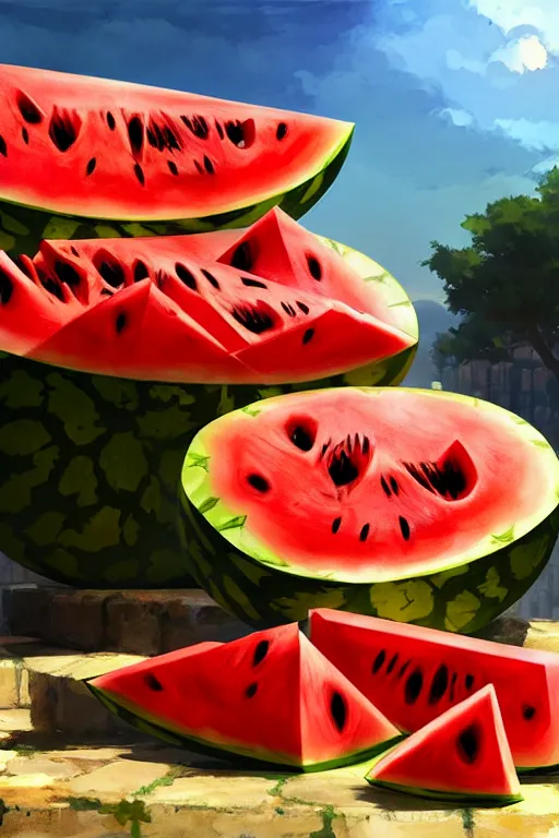 Prompt: a pile of watermelons as a throne for a greek king, key visual, conceptart, ambient lighting, highly detailed, digital painting, artstation, concept art, sharp focus, by makoto shinkai and akihiko yoshida and greg manchess