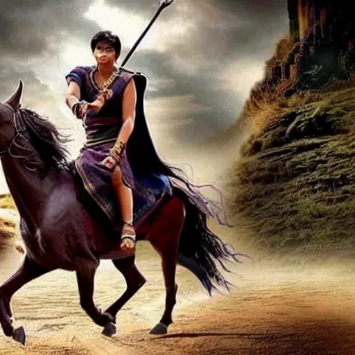 Image similar to harry potter in bahubali ~ on a horse ~