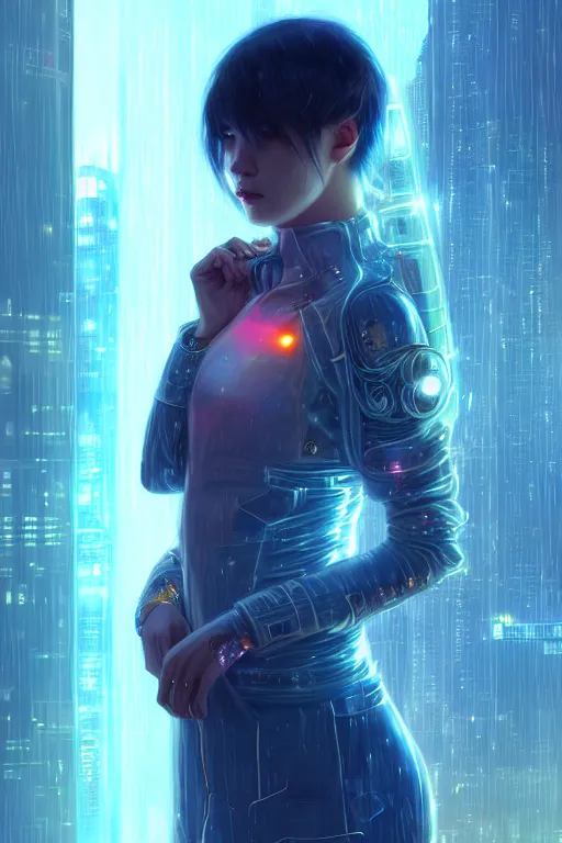 Image similar to portrait futuristic wizard Girl with thunder and fire sparkles and starlight, n future cyberpunk tokyo heavy rainning rooftop , ssci-fi, fantasy, intricate, very very beautiful, elegant, human structure, neon light, highly detailed, digital painting, artstation, concept art, smooth, sharp focus, illustration, art by tian zi and WLOP and alphonse mucha