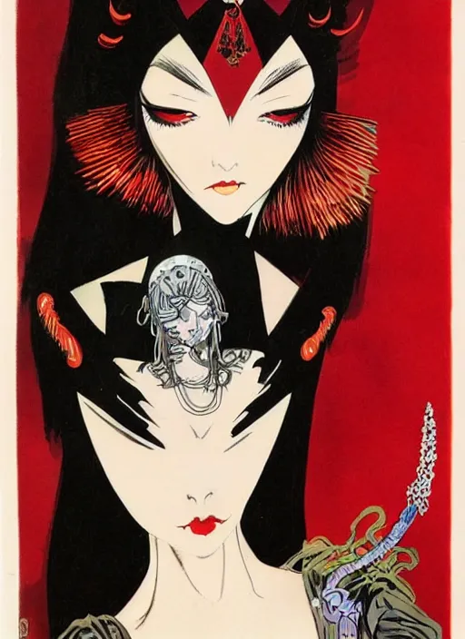 Image similar to junoesque female korean vampiress, jeweled headdress, heavy mascara, strong line, saturated color, beautiful! coherent! by frank frazetta, high contrast, minimalism