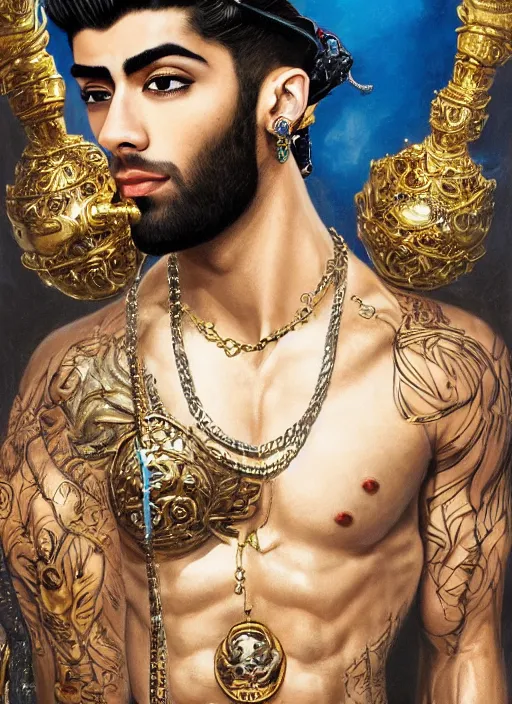 Prompt: muscular Atlantian king Zayn Malik wearing a bejeweled gold heavy crown on his head while shirtless and wearing a heavy gold rapper chain with a giant blue diamong around his neck, a white falcon on his shoulders, steelpunk, ghibli studio, nekro, Tom Bagshaw, Craig Mullins, octane 8k, by brian froud, Trending on ArtStation