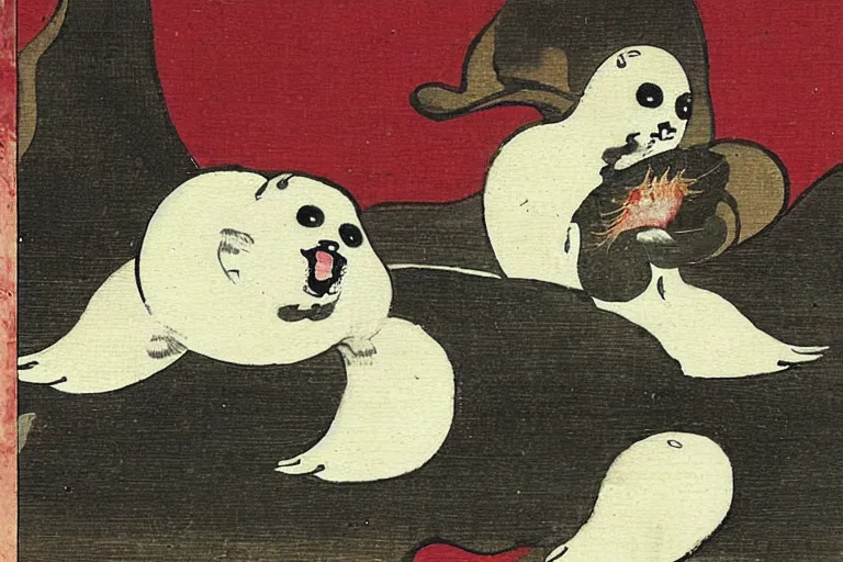 Prompt: demonic baby harp seal, Japanese painting, 1700s