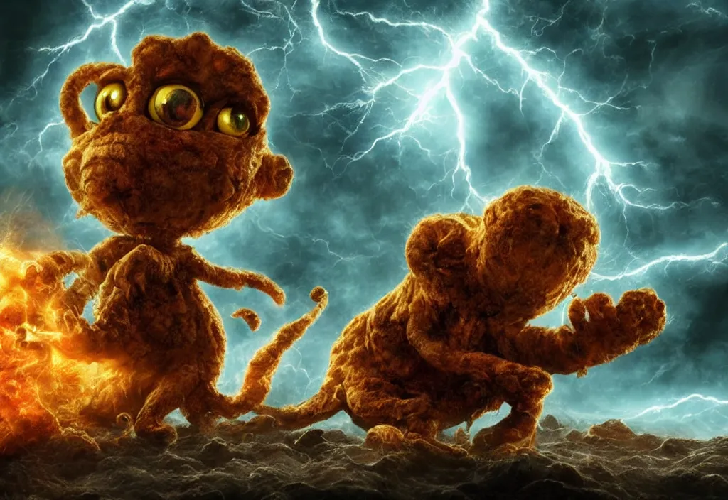 Image similar to eldritch horror bloody garfield in space, hd, 8 k, giant, epic, realistic photo, unreal engine, prophecy, powerful, cinematic lighting, destroyed planet, debris, violent, sinister, ray tracing, dynamic, epic composition, dark, horrific, teeth, grotesque, monochrome drawing, hellscape, corpses, foreboding, lightning, garfield cartoon eyes